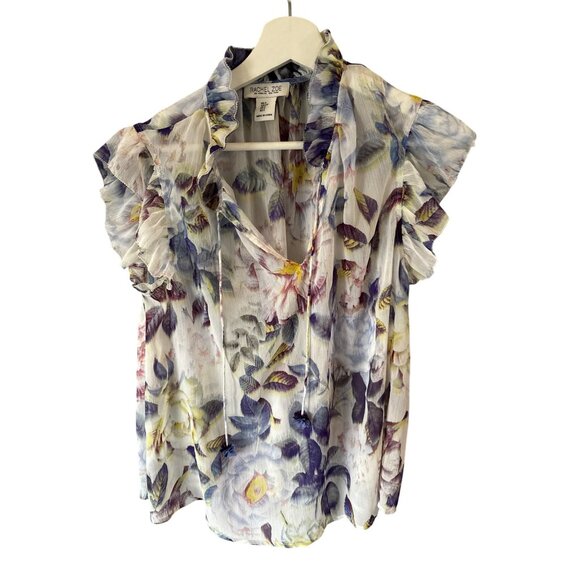 Rachel Zoe Sheer Floral Ruffle Chiffon Blouse Split Neck Multicolor S Festival - Picture 1 of 5